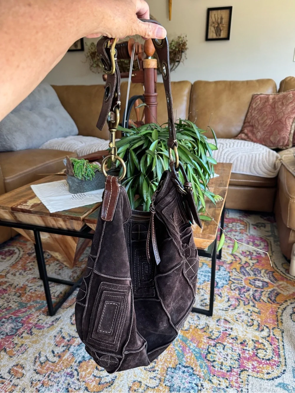 Coach Brown Suede Tote with Leather ID Tag - Picture 4 of 9